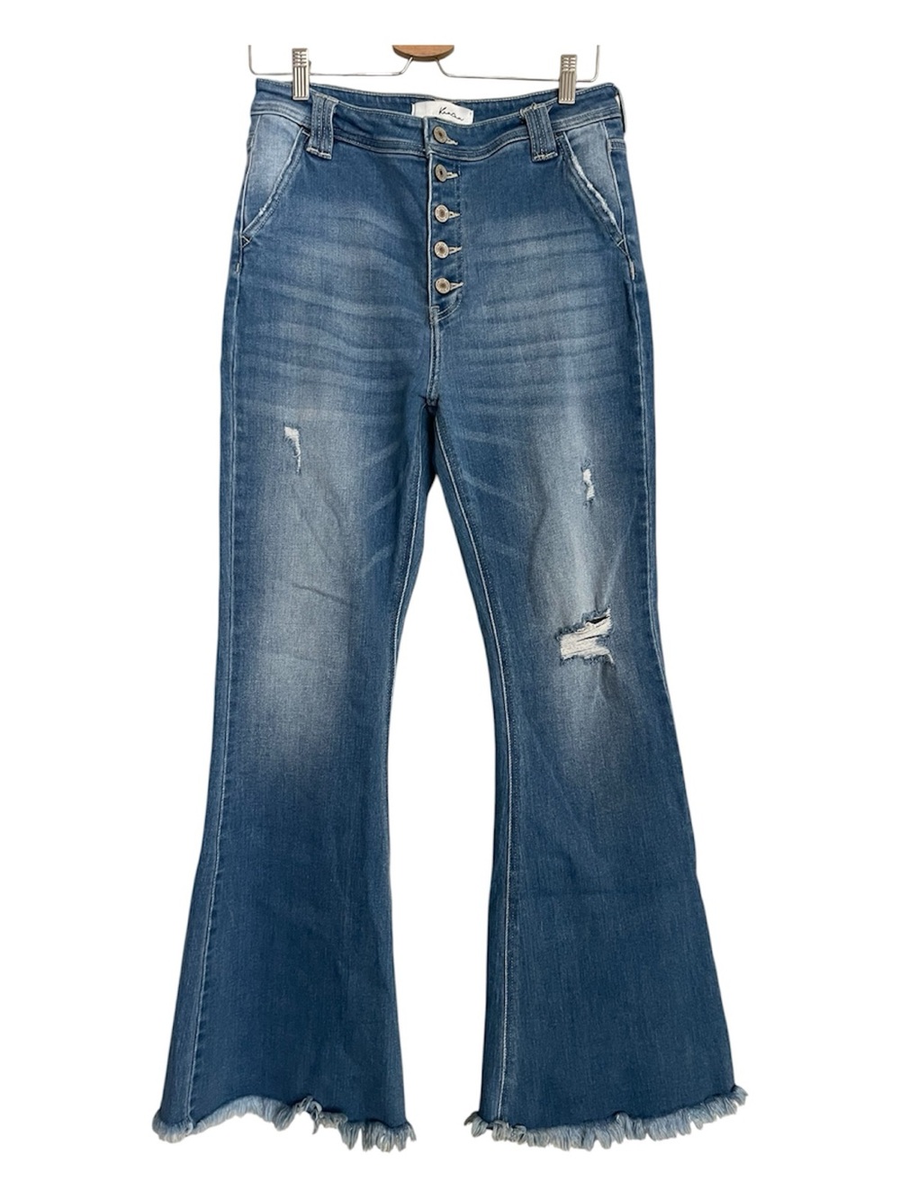 KanCan blue denim jeans w/ button fly & distressed details flare jeans size 11